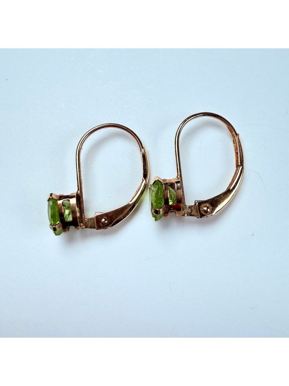 10K Solid Yellow Gold Peridot Hearts Caspian Inc Leverback Drop Vintage Earrings - Picture 4 of 6